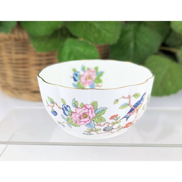 White Porcelain Bowl Gold Trim Floral Vintage Fine China Blue Birds Pink Floral - Picture 3 of 10